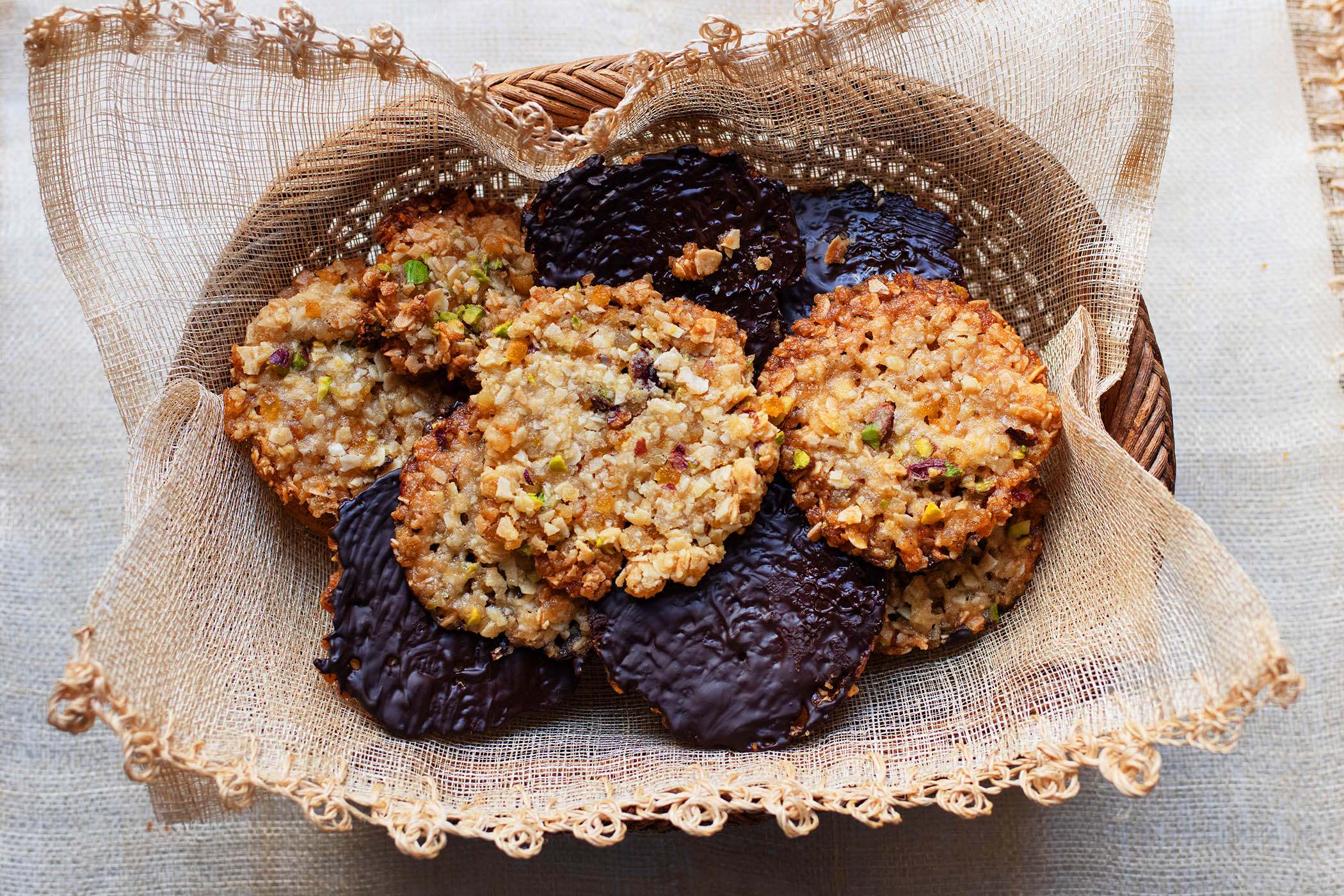 Chocolate pistachio florentines