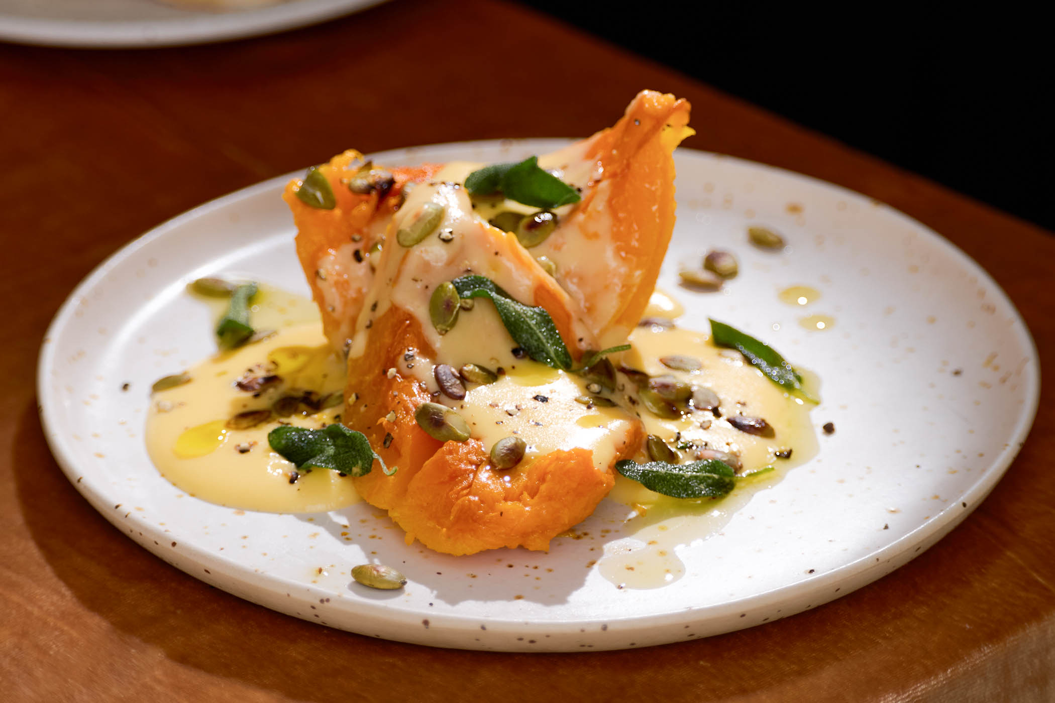 Roasted pumpkin with cheddar and toasted pumpkin-seed oil