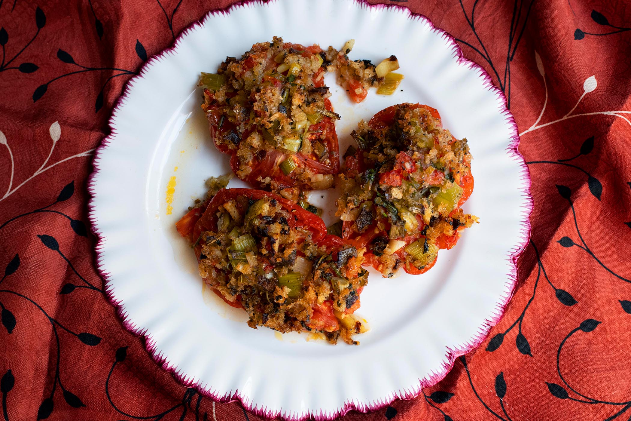 Midweek dinner: baked tomatoes, anchovy, basil